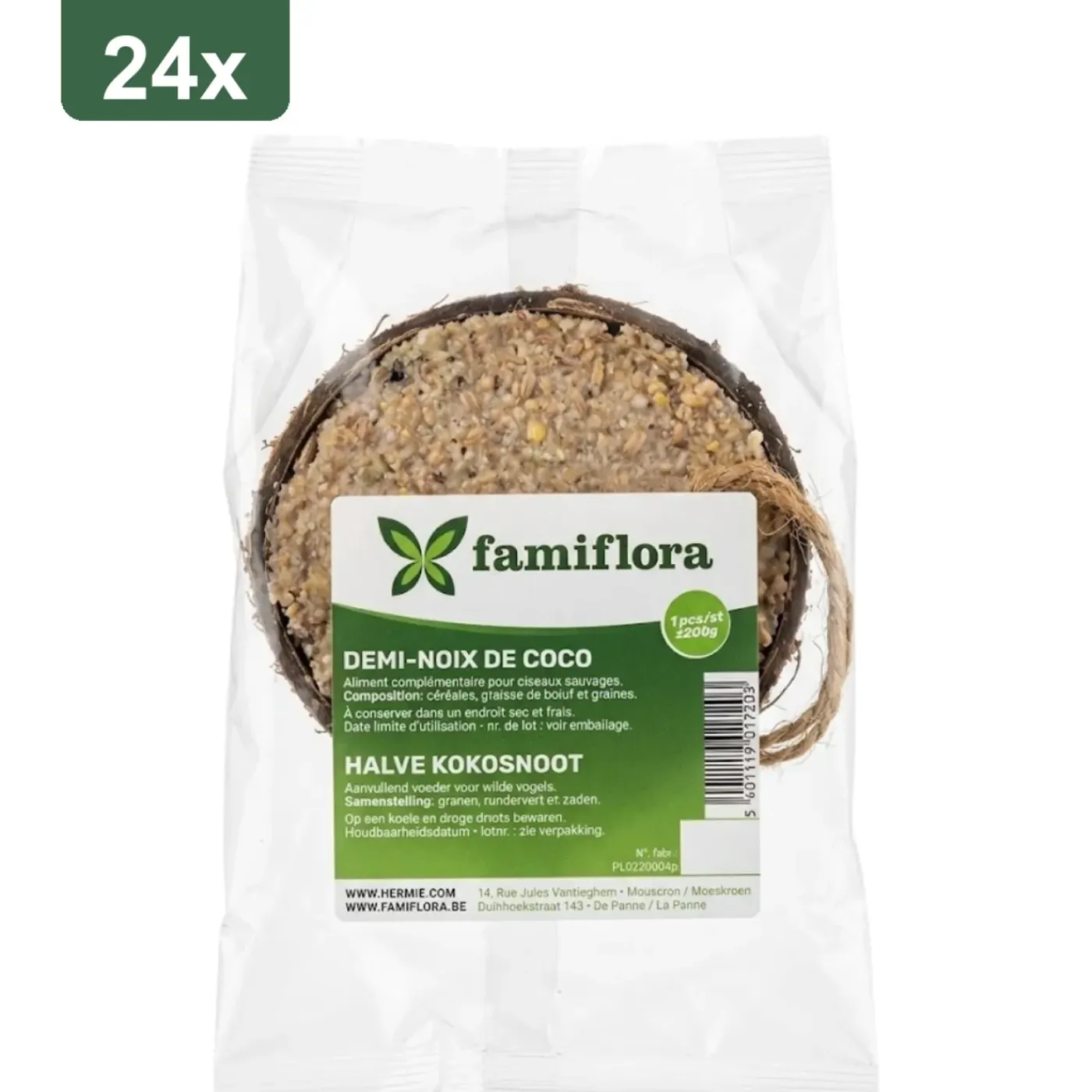 Famiflora Halve Kokosnoot Gevuld - 24 Stuks (4.8kg) - Buitenvogels - Zaden & Insecten