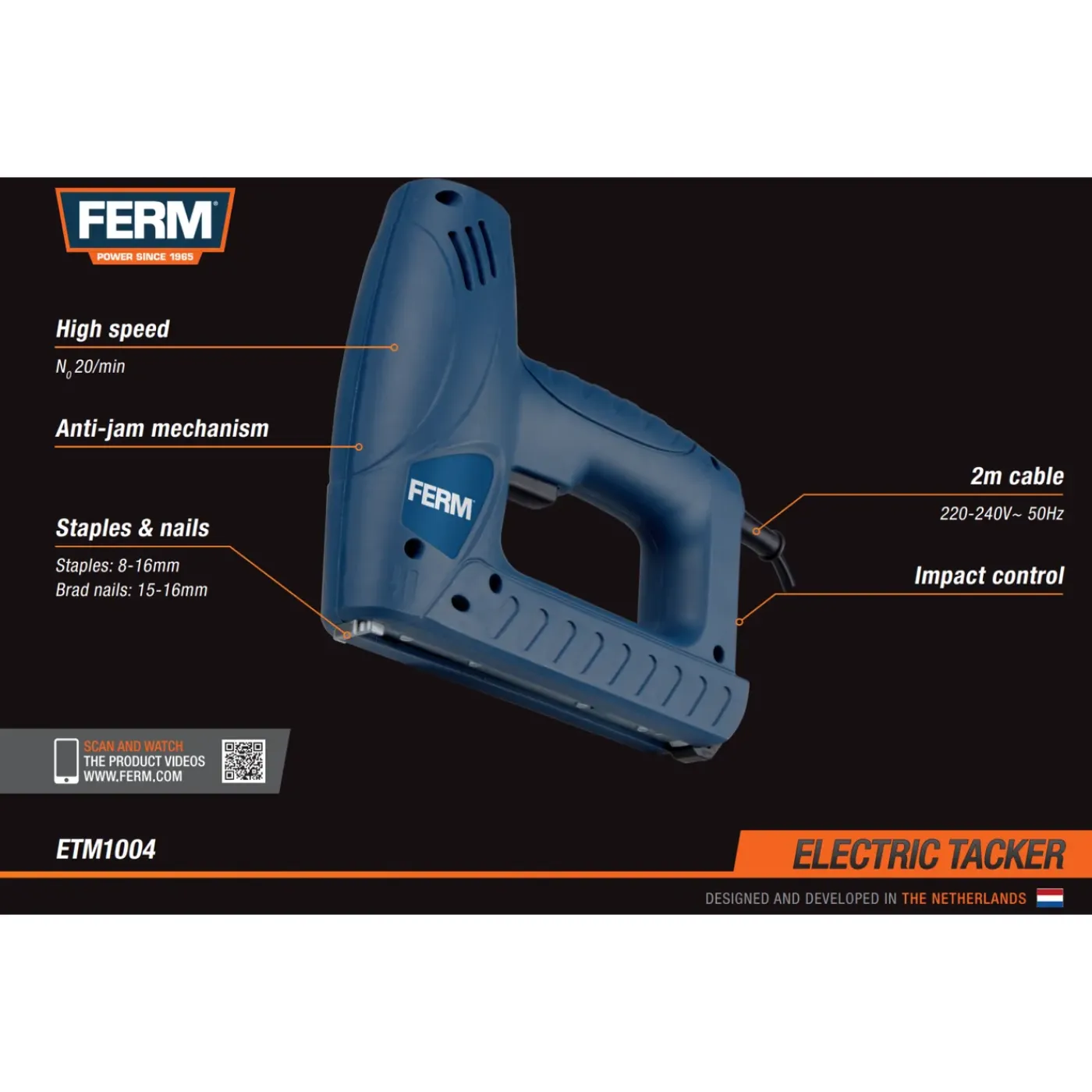 Ferm - Elektrische Tacker – Incl. 400 Nietjes & 100 Spijkers