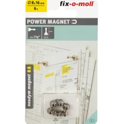Fix-O-Moll magneet pion Neodym zilver 8x16mm 6 stuks