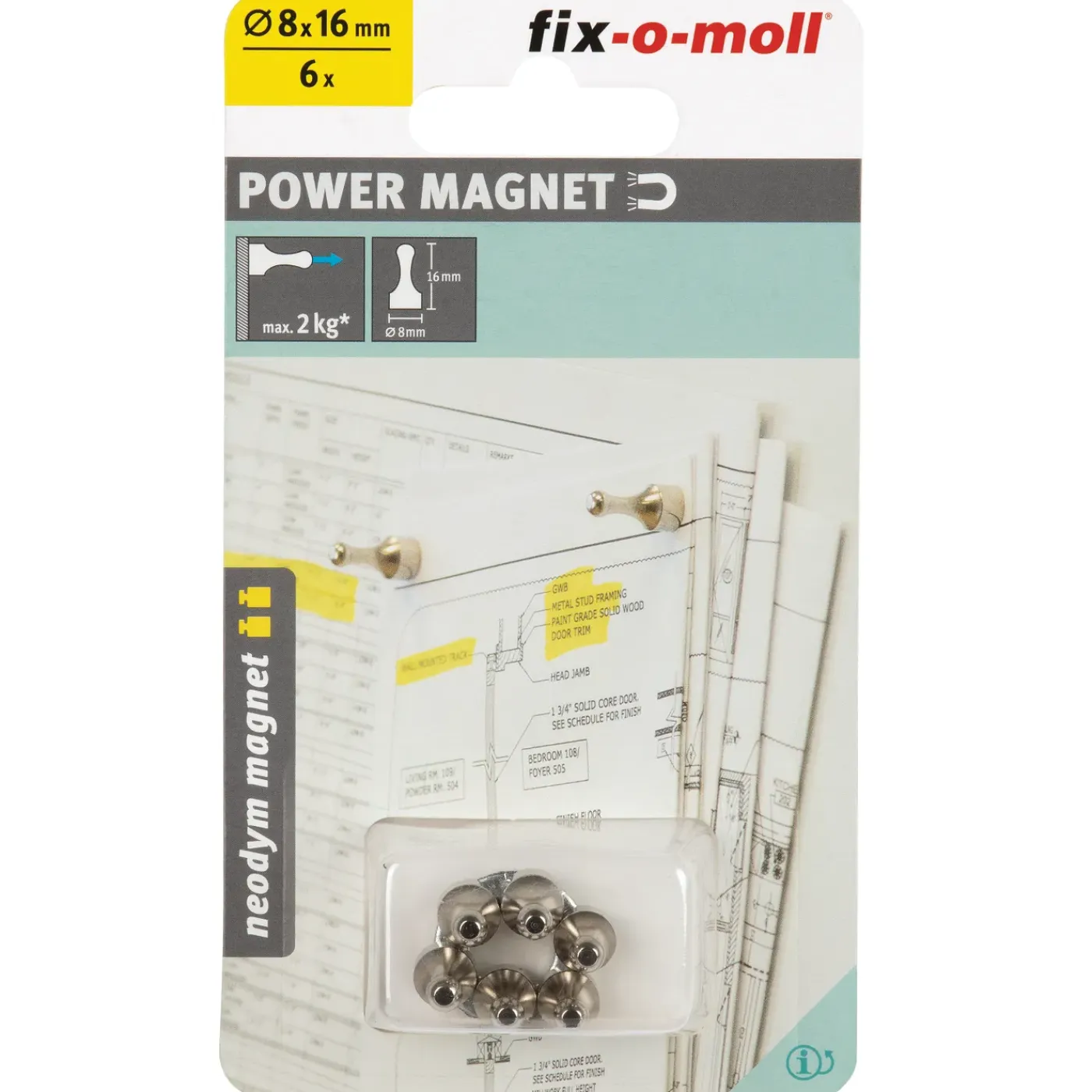 Fix-O-Moll magneet pion Neodym zilver 8x16mm 6 stuks