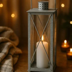 Esschert Design Flancy Flames Lantaarn - Zink - Windlicht - Zilverkleurig - 12 X 12 X 25,5 Cm - Tuinverlichting
