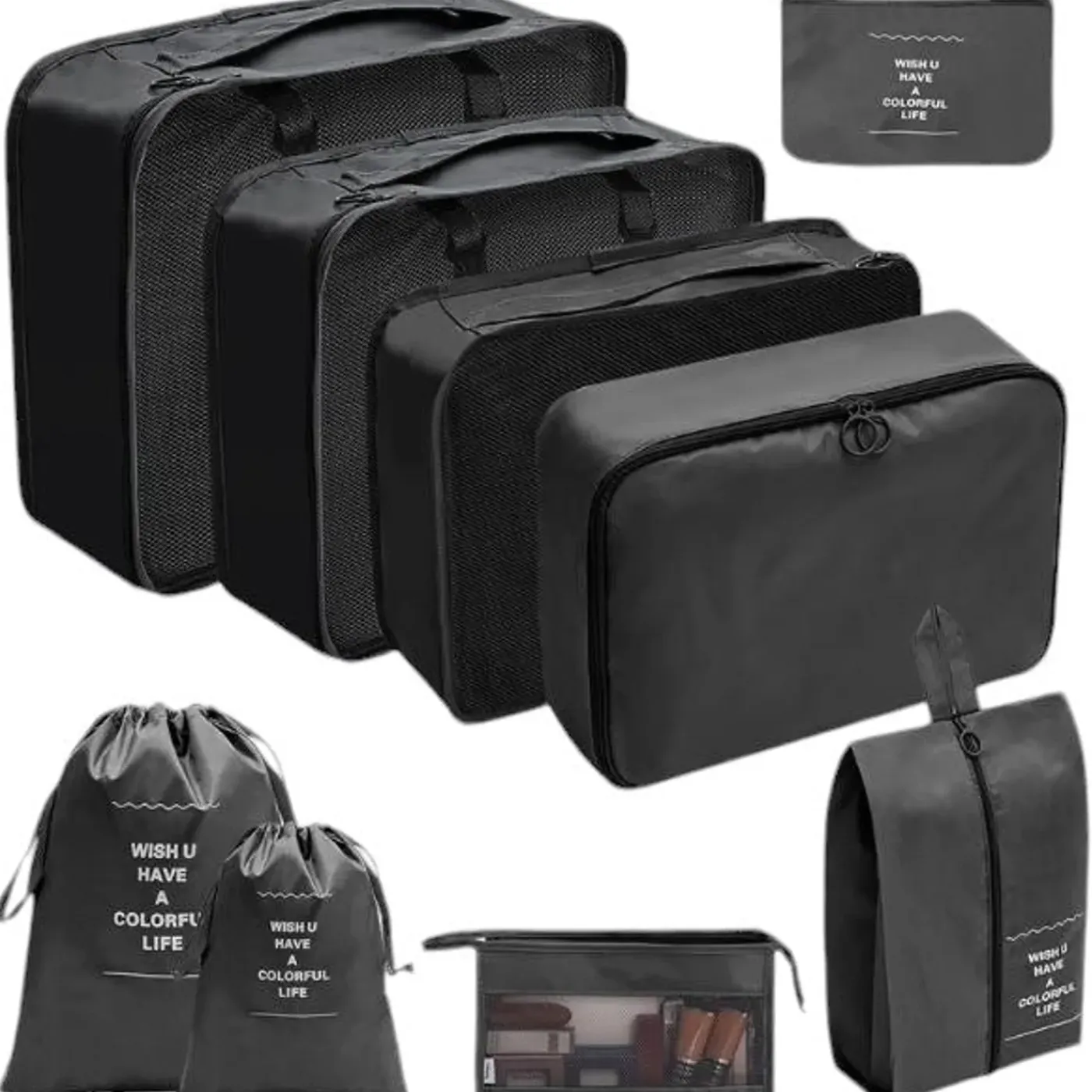 FLOKOO - Packing Cubes - Zwart - 9-delige Set - Packing Cubes Compression