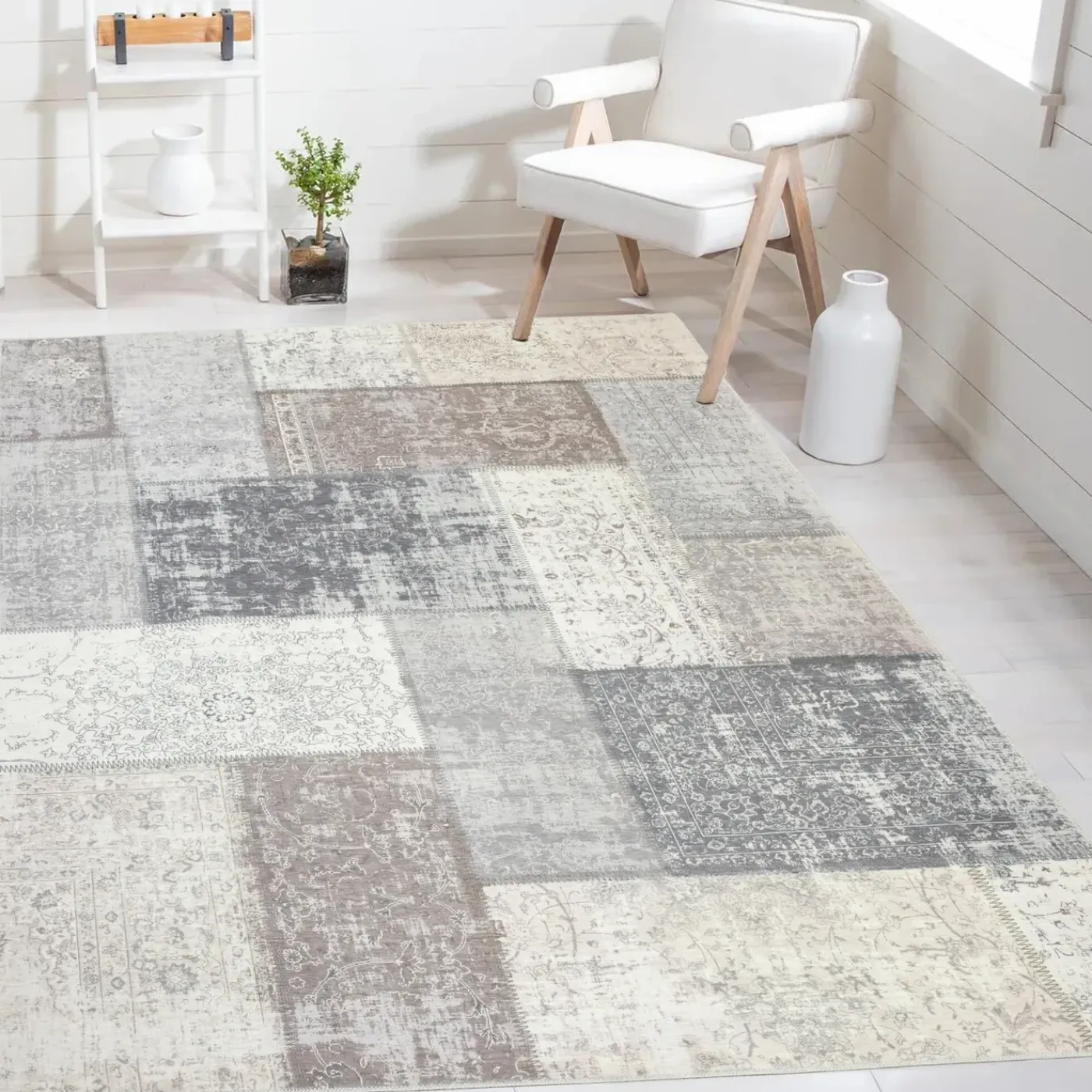Flycarpets Burano Patchwork Vloerkleed - Beige/grijs/taupe - Laagpolig Tapijt - 160x230 Cm
