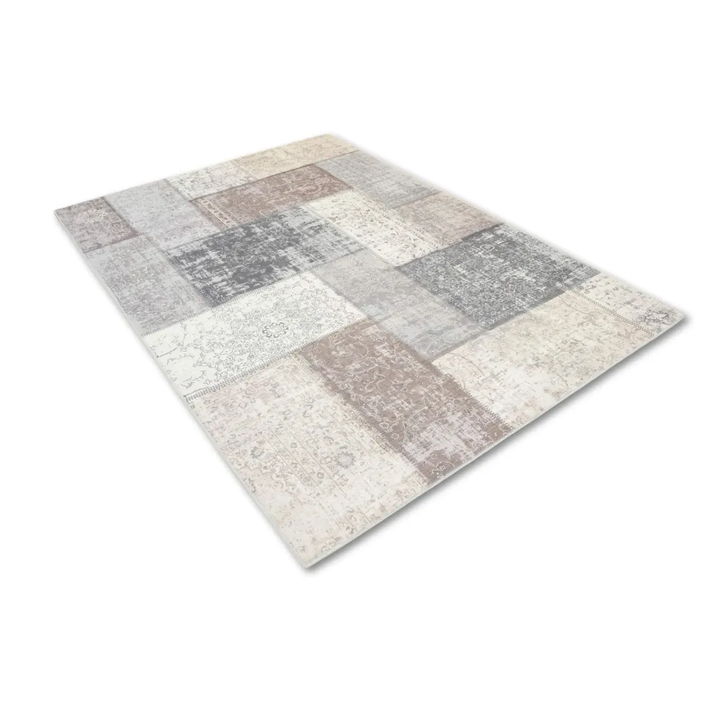 Flycarpets Burano Patchwork Vloerkleed - Beige/grijs/taupe - Laagpolig Tapijt - 160x230 Cm
