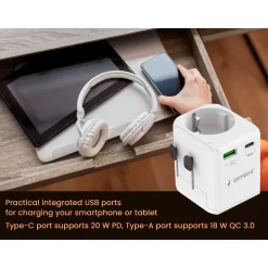 Gembird - Geaarde Universele Reisstekker Met Usb Lader, 20 W, Wit