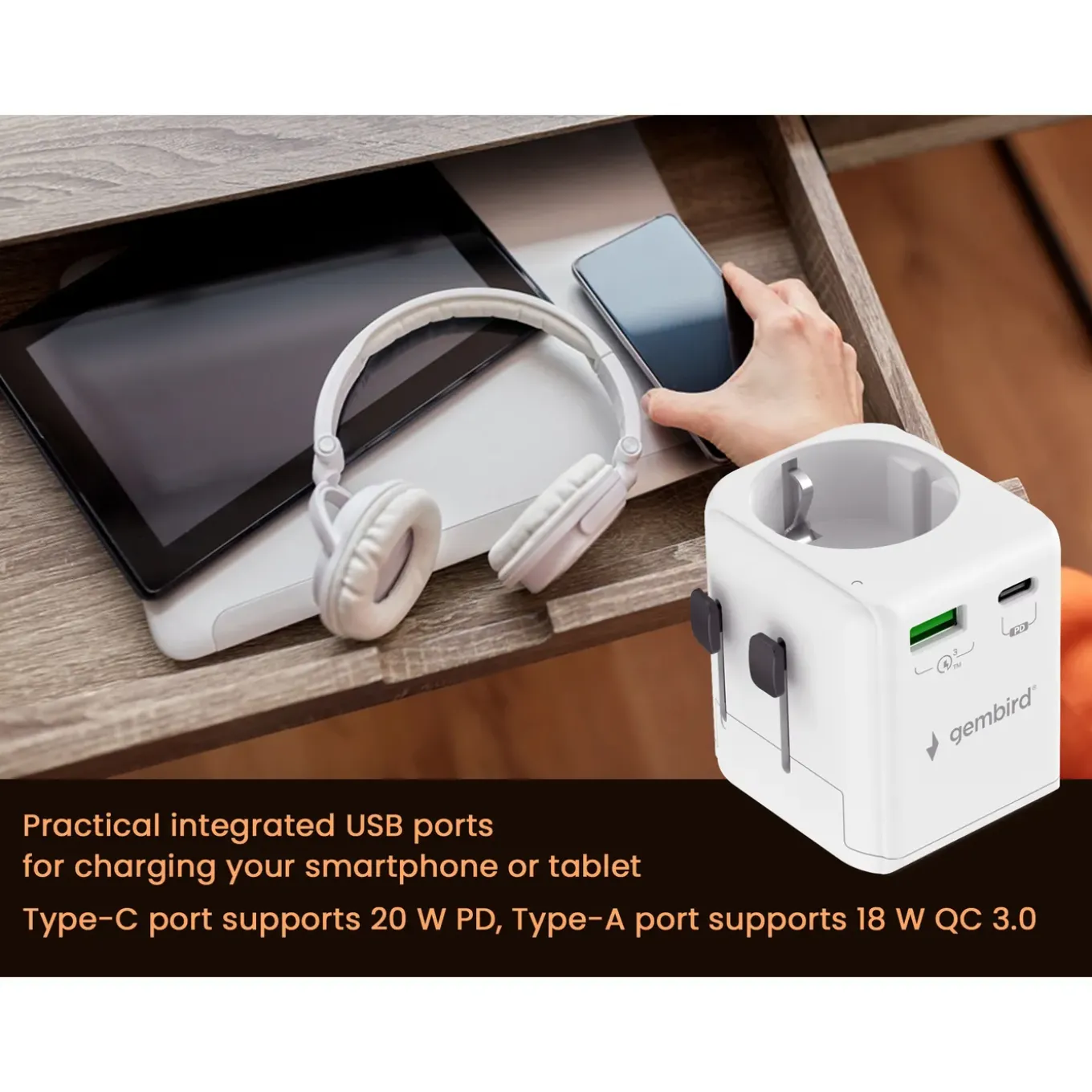 Gembird - Geaarde Universele Reisstekker Met Usb Lader, 20 W, Wit
