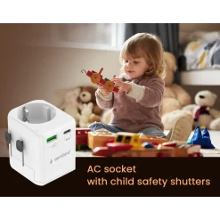 Gembird - Geaarde Universele Reisstekker Met Usb Lader, 20 W, Wit