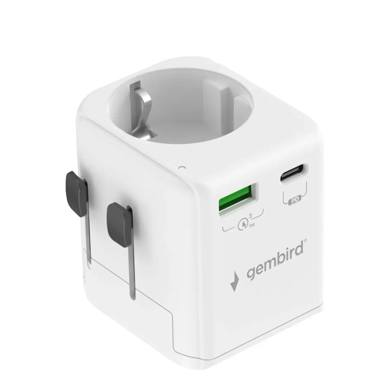 Gembird - Geaarde Universele Reisstekker Met Usb Lader, 20 W, Wit