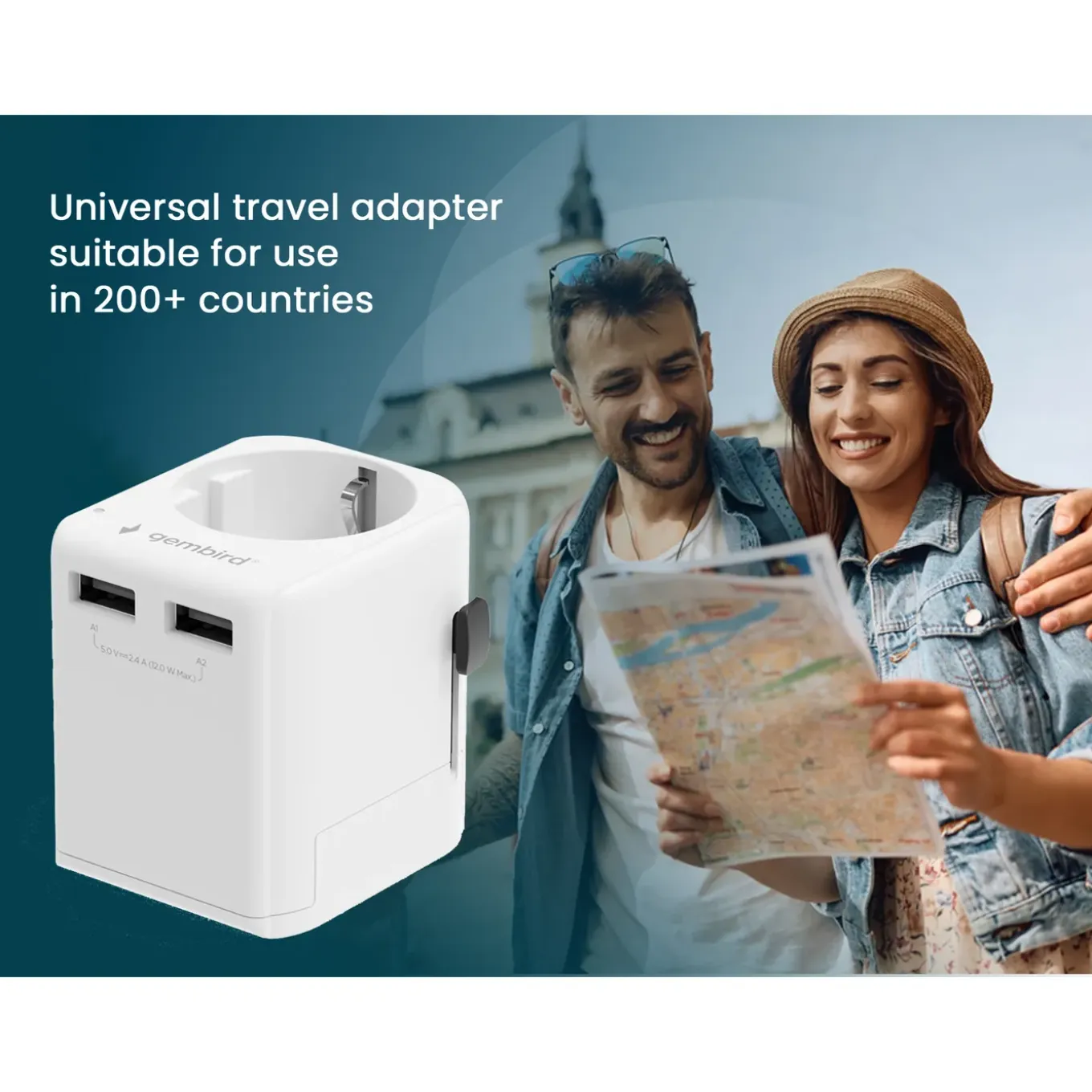 Gembird - Geaarde Universele Reisstekker Met Usb Lader, 12 W, Wit