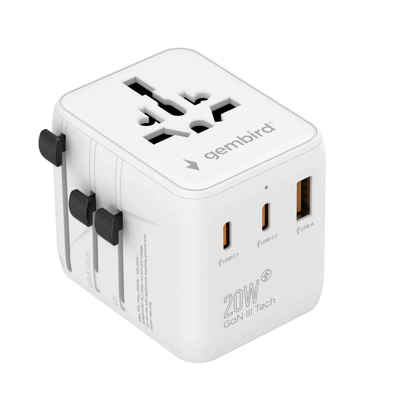 Gembird - Universele Reisstekker Met Usb Lader, 20 W, Wit