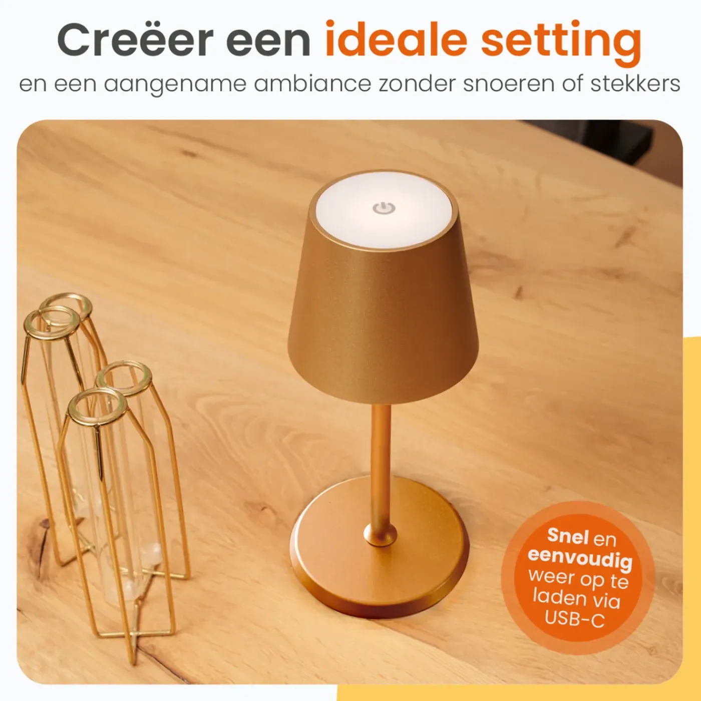 Goliving Essence Tafellamp Oplaadbaar – Dimbaar – Touch Lamp – Nachtlamp – 26 Cm – Goud