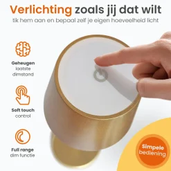 Goliving Essence Tafellamp Oplaadbaar – Dimbaar – Touch Lamp – Nachtlamp – 26 Cm – Goud