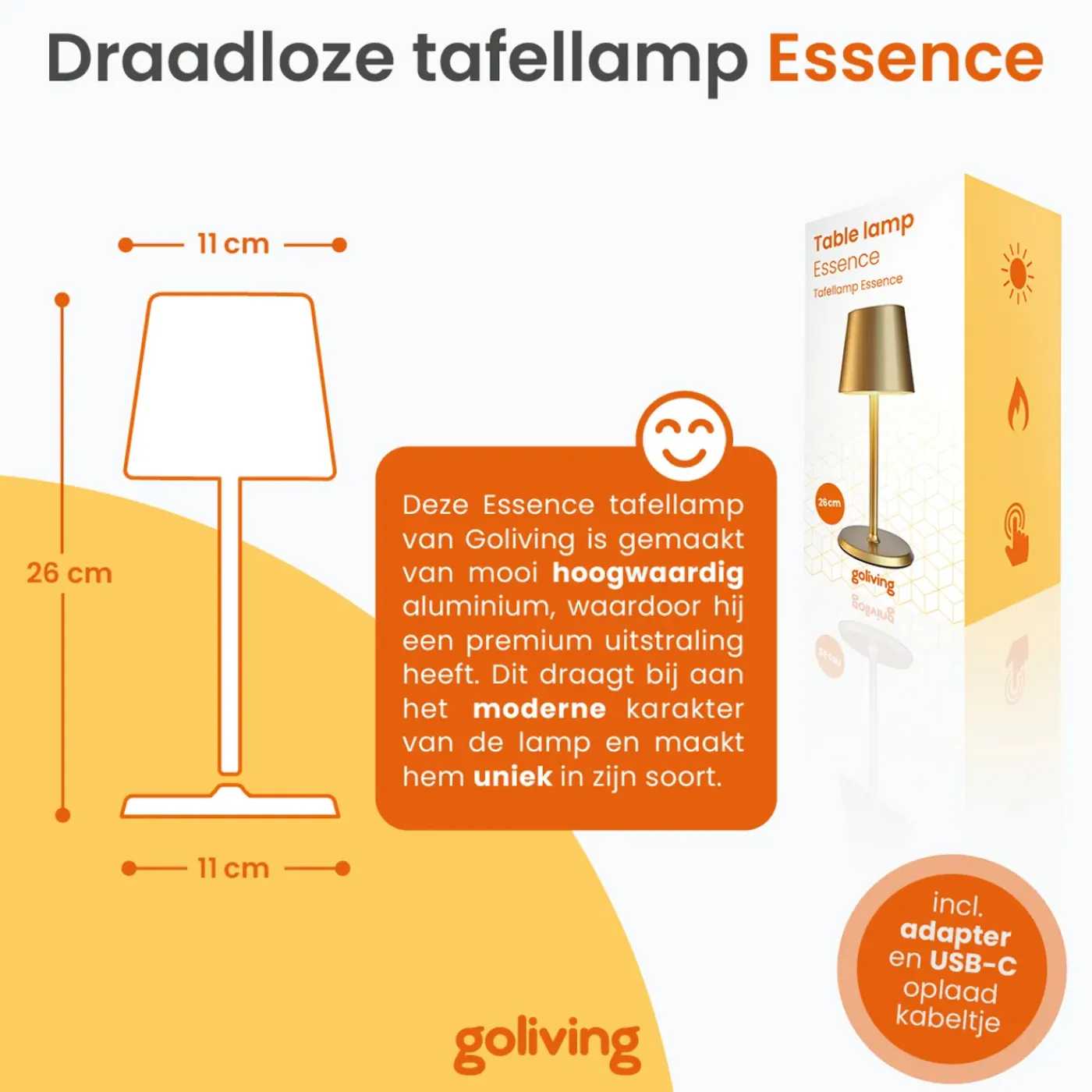 Goliving Essence Tafellamp Oplaadbaar – Dimbaar – Touch Lamp – Nachtlamp – 26 Cm – Goud