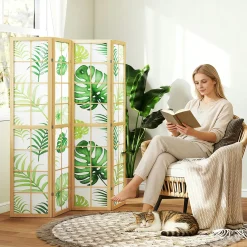 4Goodz 4-delige Kamerscherm Opvouwbaar - Roomdivider Tropisch Motief - Houten Frame