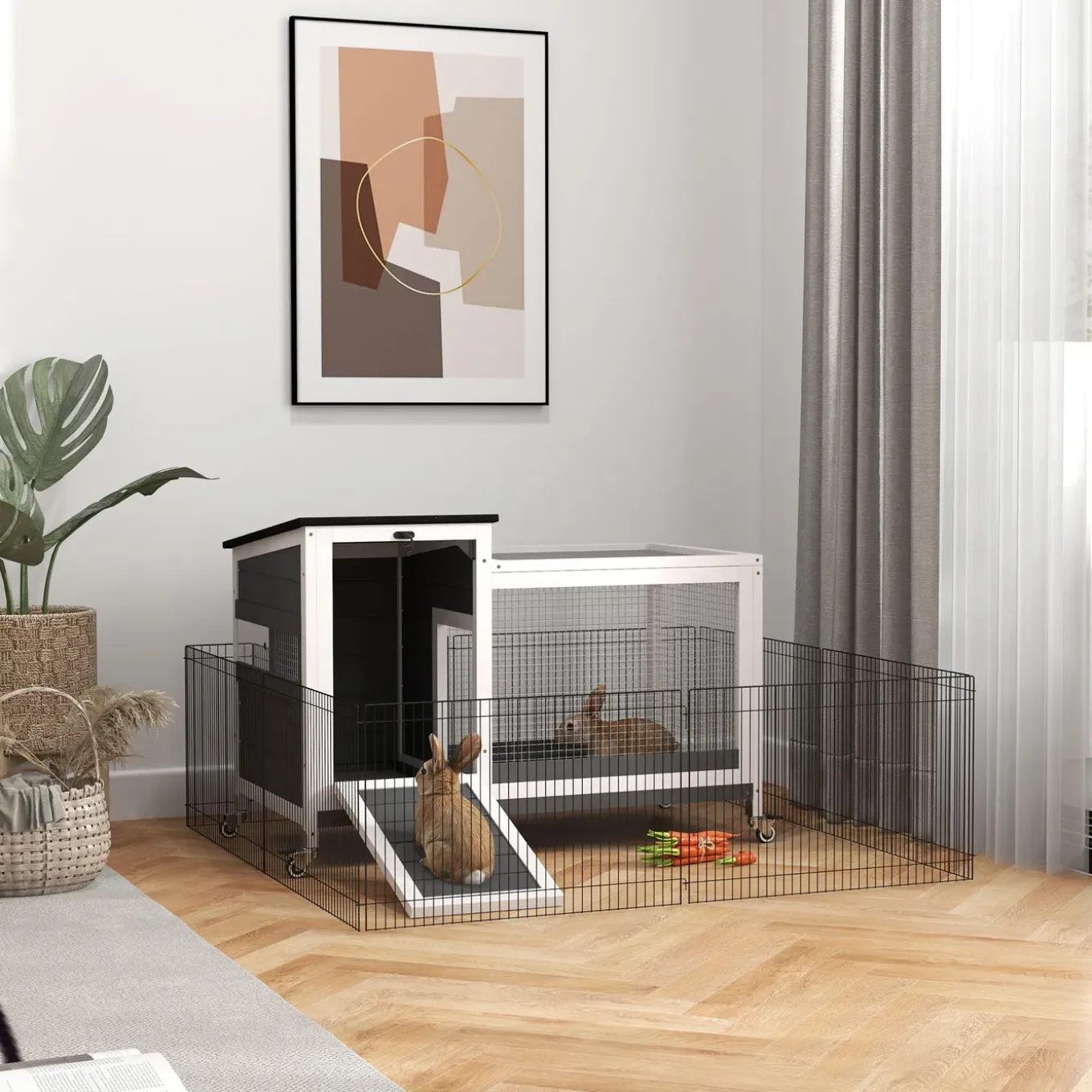 4goodz Houten Konijnenhok Met Loopgedeelte - 92x52x67 Cm - Grijs
