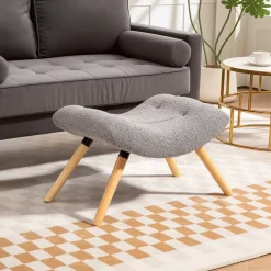 4Goodz Voetensteun Met Fleece Bekleding En Houten Poten - Lichtgrijs