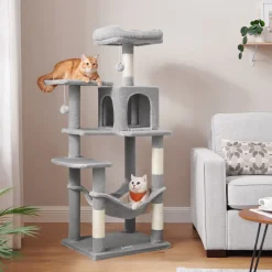 ACAZA Grote Krabpaal Voor Meerdere Katten, Kat Condo Met Hangmat, Kattenpaal, 143 Cm, Lichtgrijs