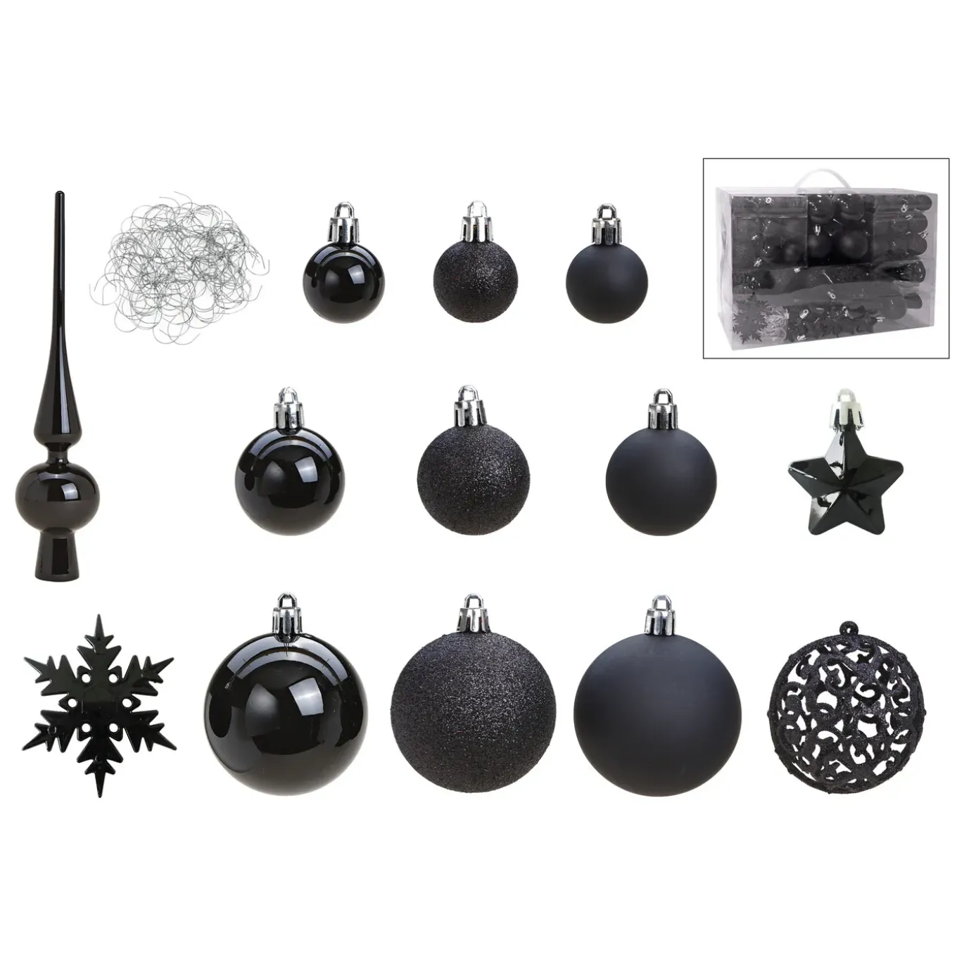 G. Wurm Kerstballen Pakket - 111-delig - Zwart - Kunststof