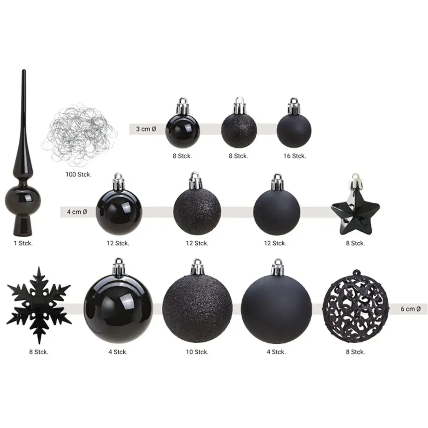 G. Wurm Kerstballen Pakket - 111-delig - Zwart - Kunststof