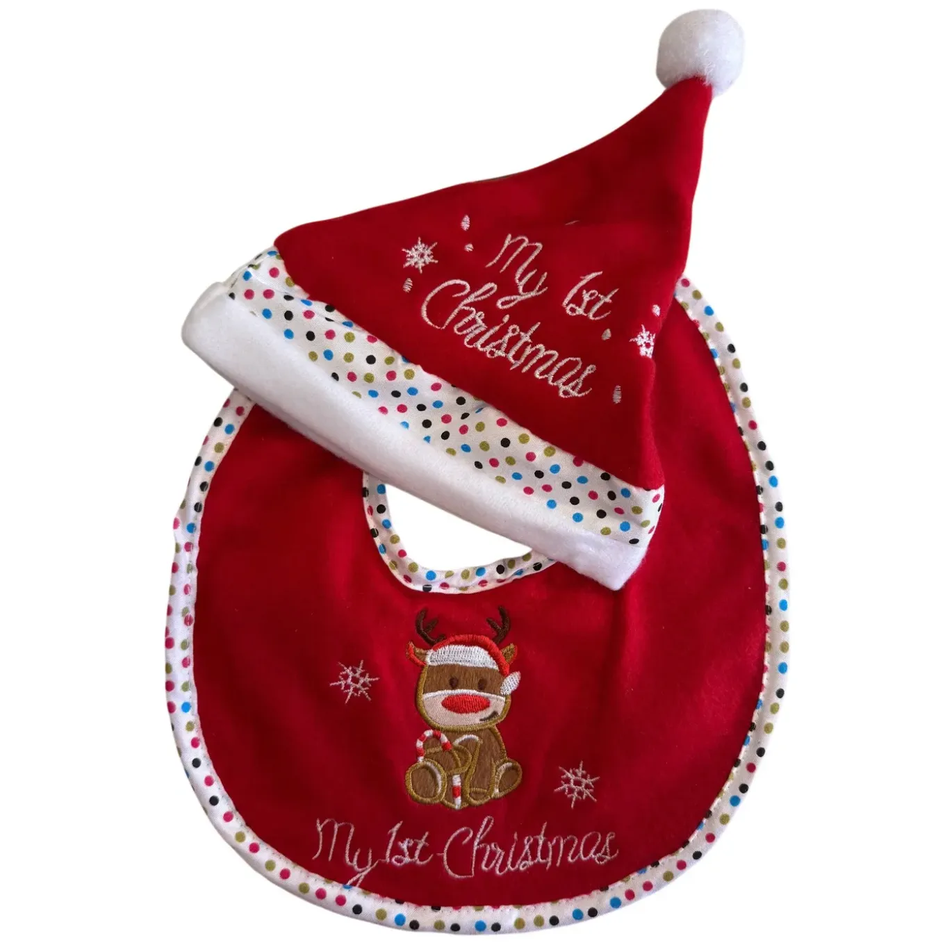 Hem Kerstmuts & Slabbetje Baby Kerstset Rendier Met Zuurstok Rood/wit