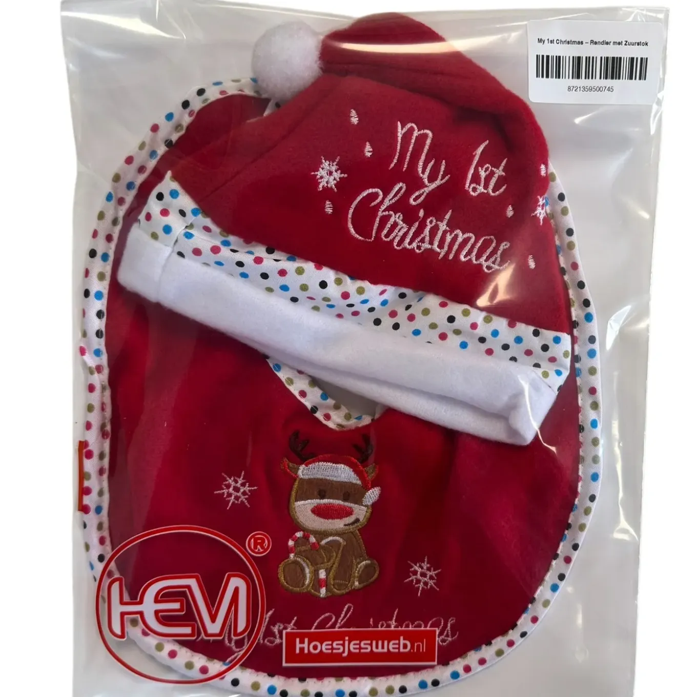Hem Kerstmuts & Slabbetje Baby Kerstset Rendier Met Zuurstok Rood/wit
