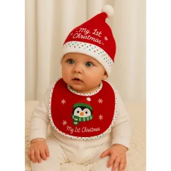 HEM Kerstmuts & Slabbetje Baby Kerstset Pinguïn Rood/wit
