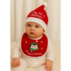 HEM Kerstmuts & Slabbetje Baby Kerstset Pinguïn Rood/wit