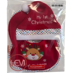 Hem Kerstmuts & Slabbetje Baby Kerstset Rendier Gezicht Rood/wit