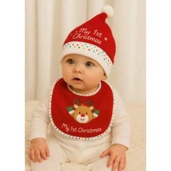 Hem Kerstmuts & Slabbetje Baby Kerstset Rendier Gezicht Rood/wit
