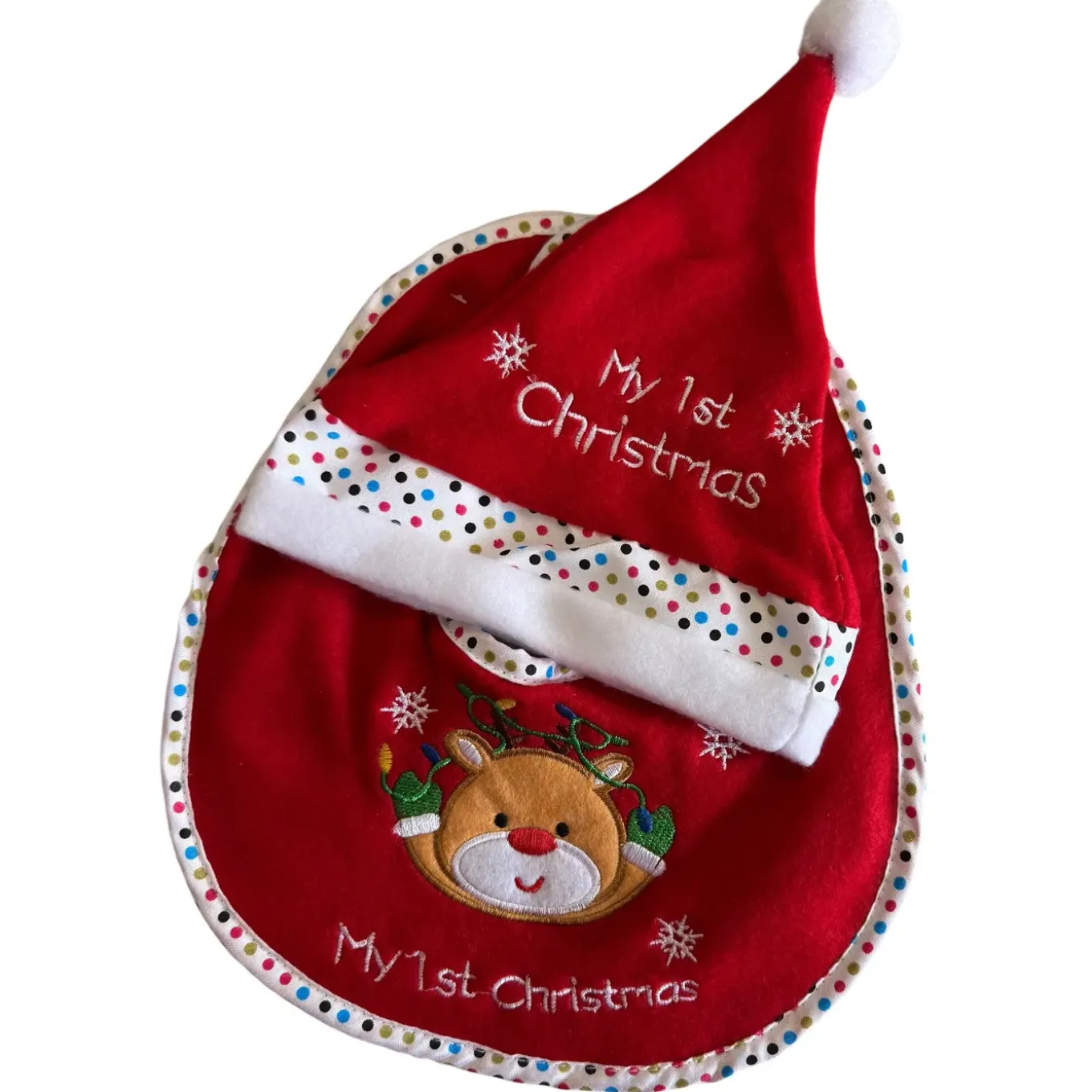 Hem Kerstmuts & Slabbetje Baby Kerstset Rendier Gezicht Rood/wit