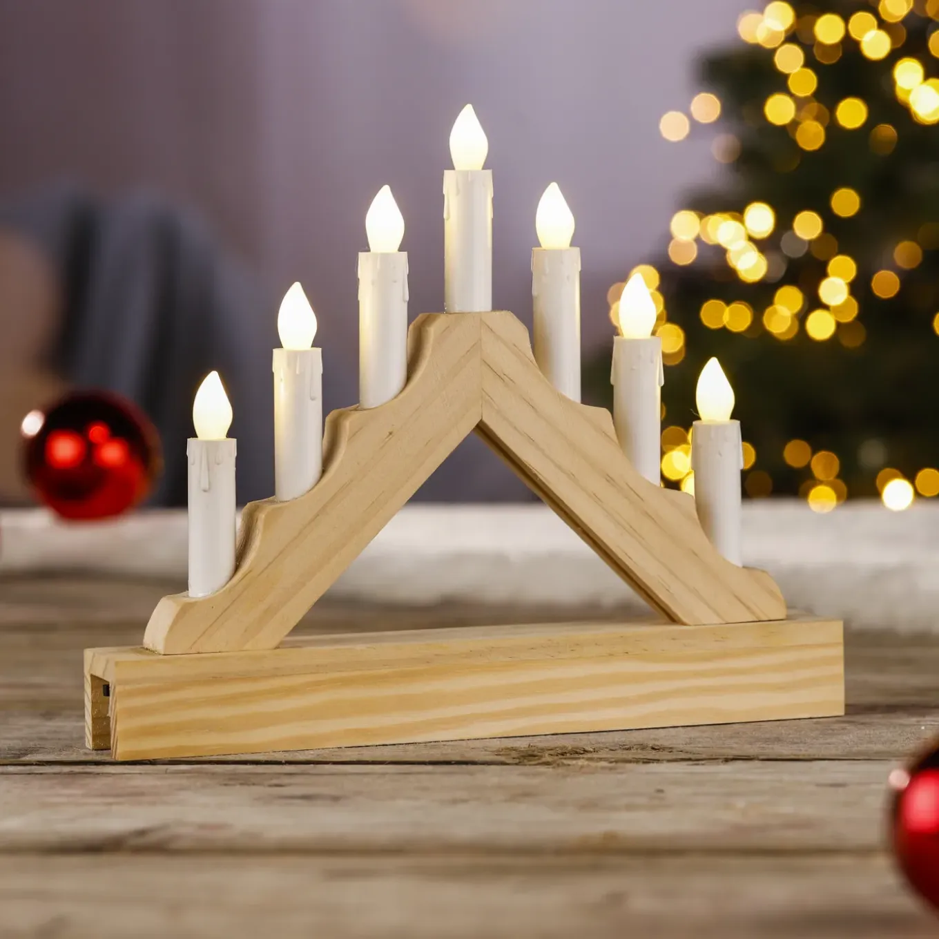 Hi Kaarsenbrug - Hout - Met Led - Warm Wit - 7 Lampjes - 21 Cm