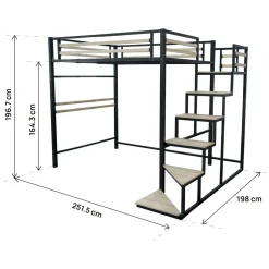 H&j - Bed Hoogslaper Met Trap Van Metaal -lena - 140 X 200 Cm - Zwart
