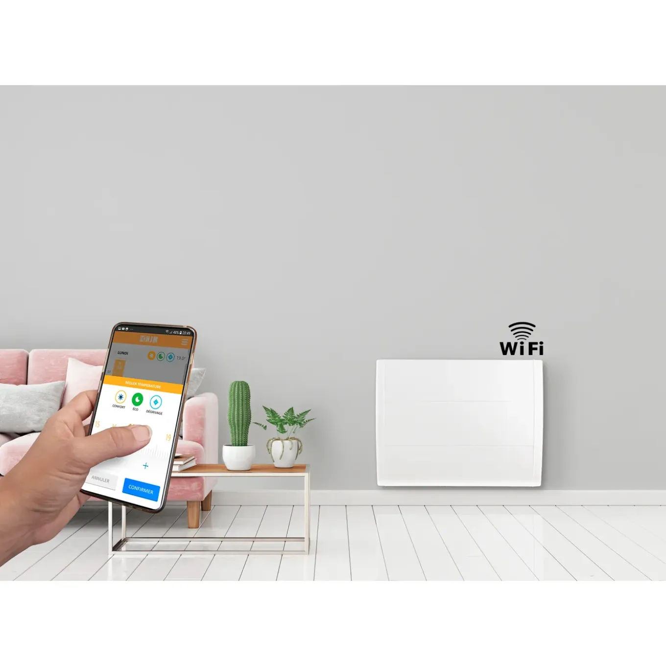 HJM Spring gietijzeren traagheidradiator met Wifi 1500W horizontaal wit