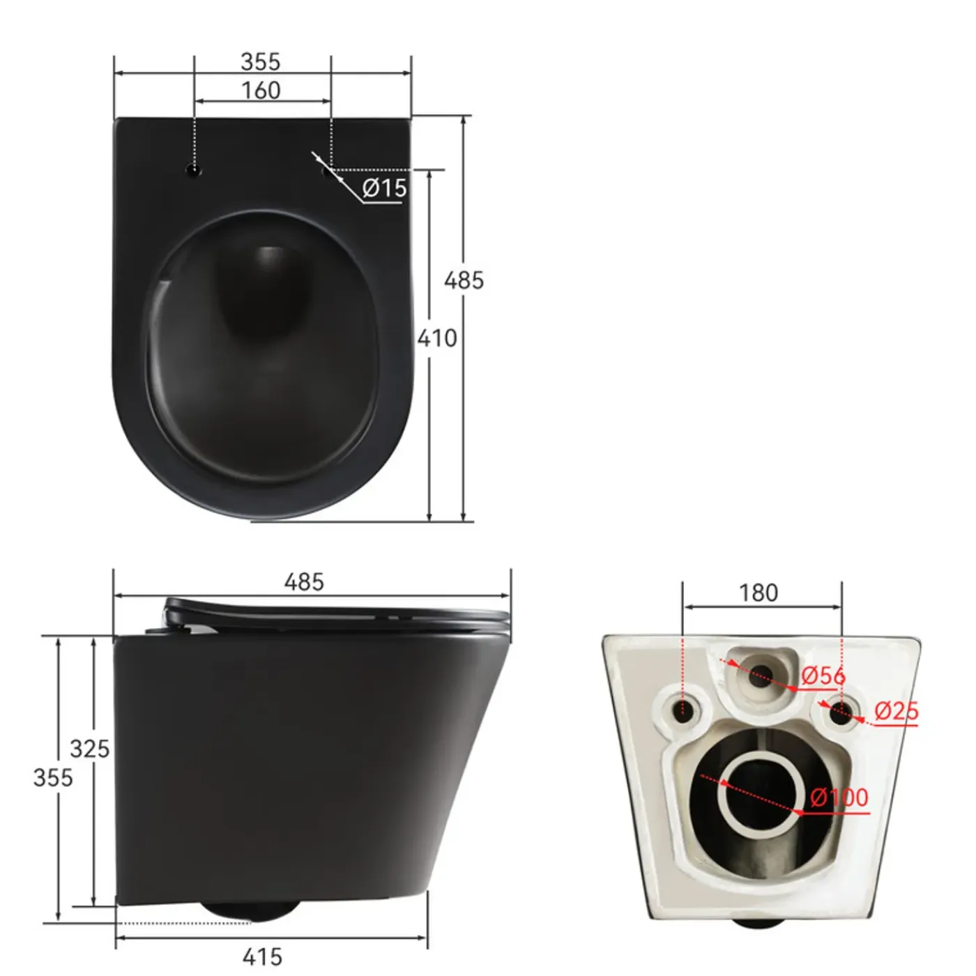 HOROW Hangtoilet Randloos - Keramiek - Rond - Mat Zwart - Softclose Wc-bril