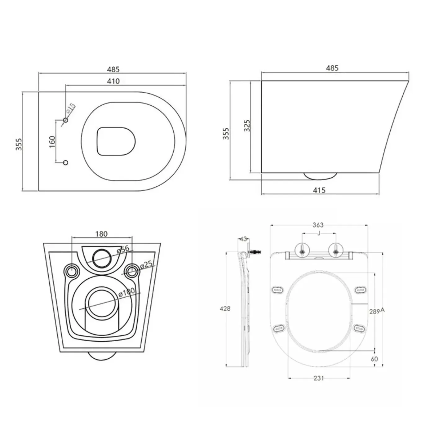 HOROW Hangtoilet Randloos - Keramiek - Rond - Mat Zwart - Softclose Wc-bril