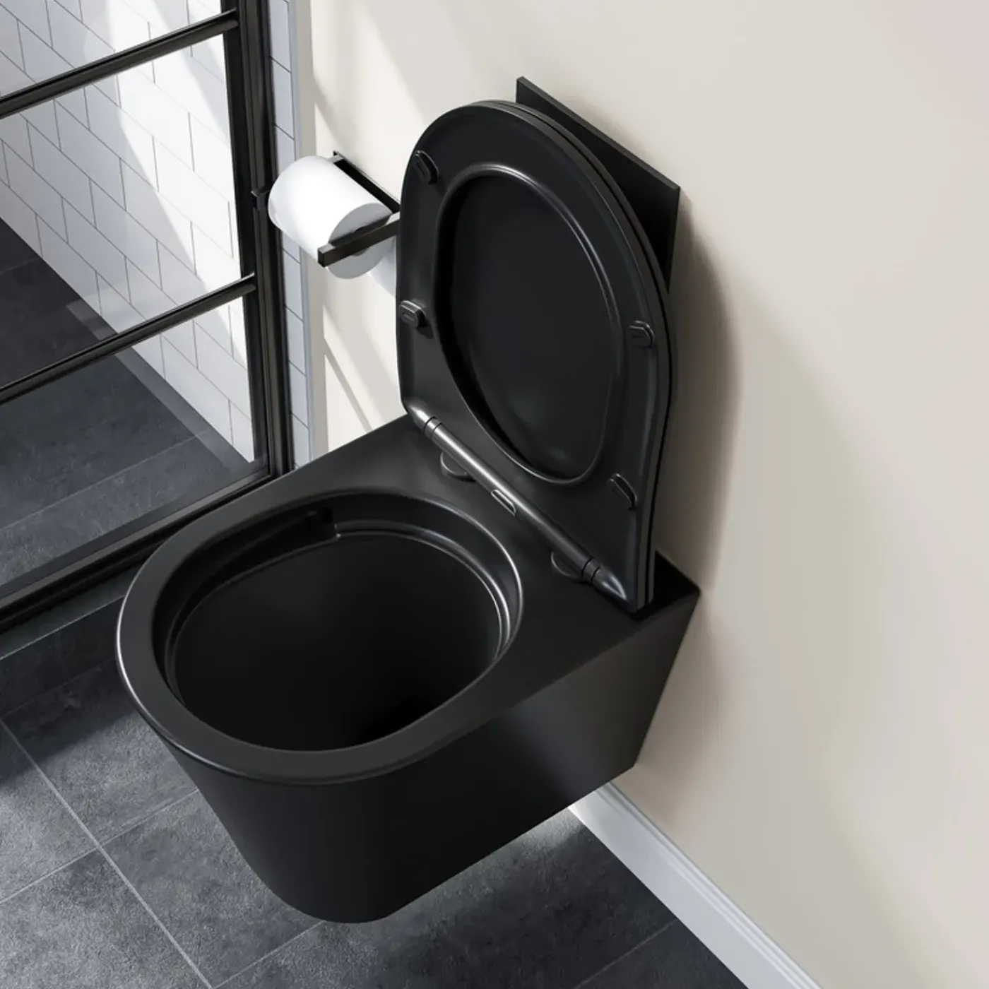 HOROW Hangtoilet Randloos - Keramiek - Rond - Mat Zwart - Softclose Wc-bril