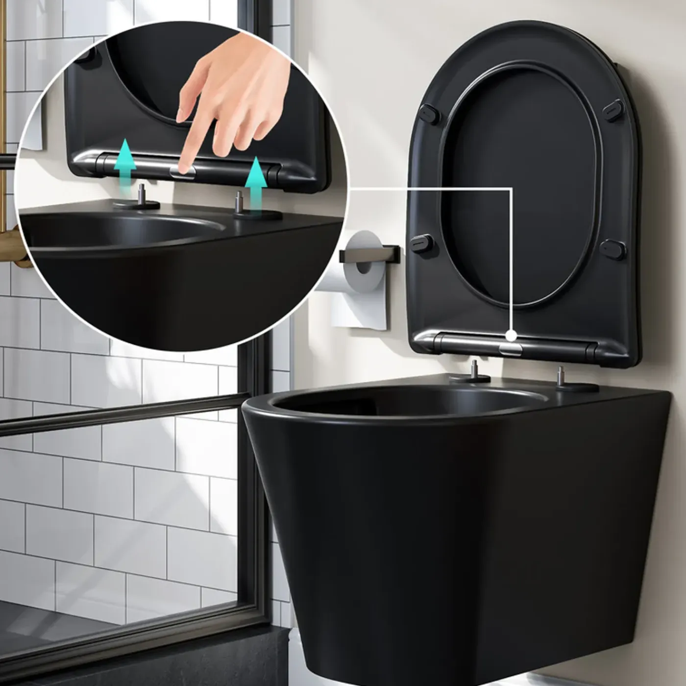 HOROW Hangtoilet Randloos - Keramiek - Rond - Mat Zwart - Softclose Wc-bril