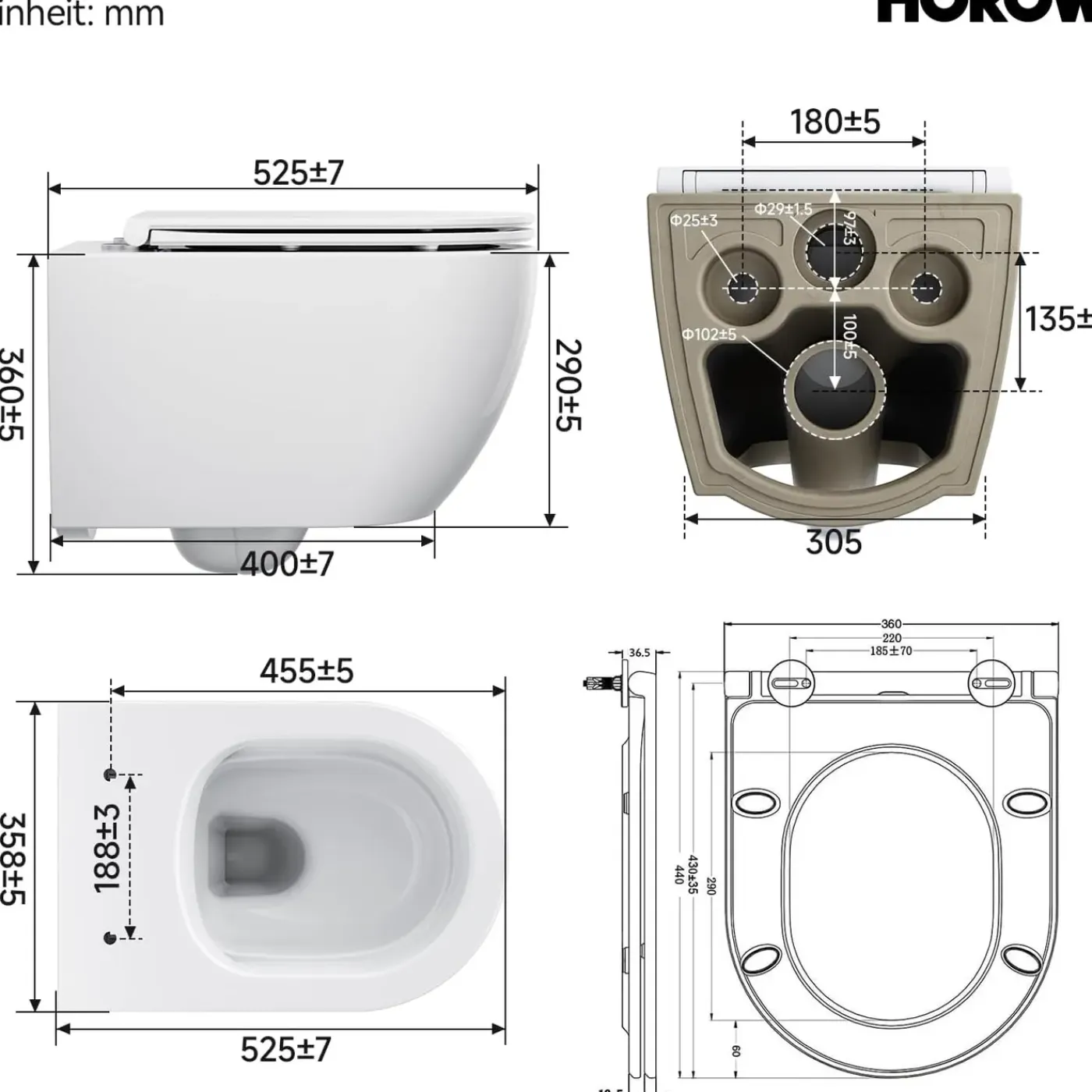 HOROW Hangtoilet - Softclose Toiletbril - Randloos Diepspoel - Glans Wit - Wc Pot - 36x53x36.5cm