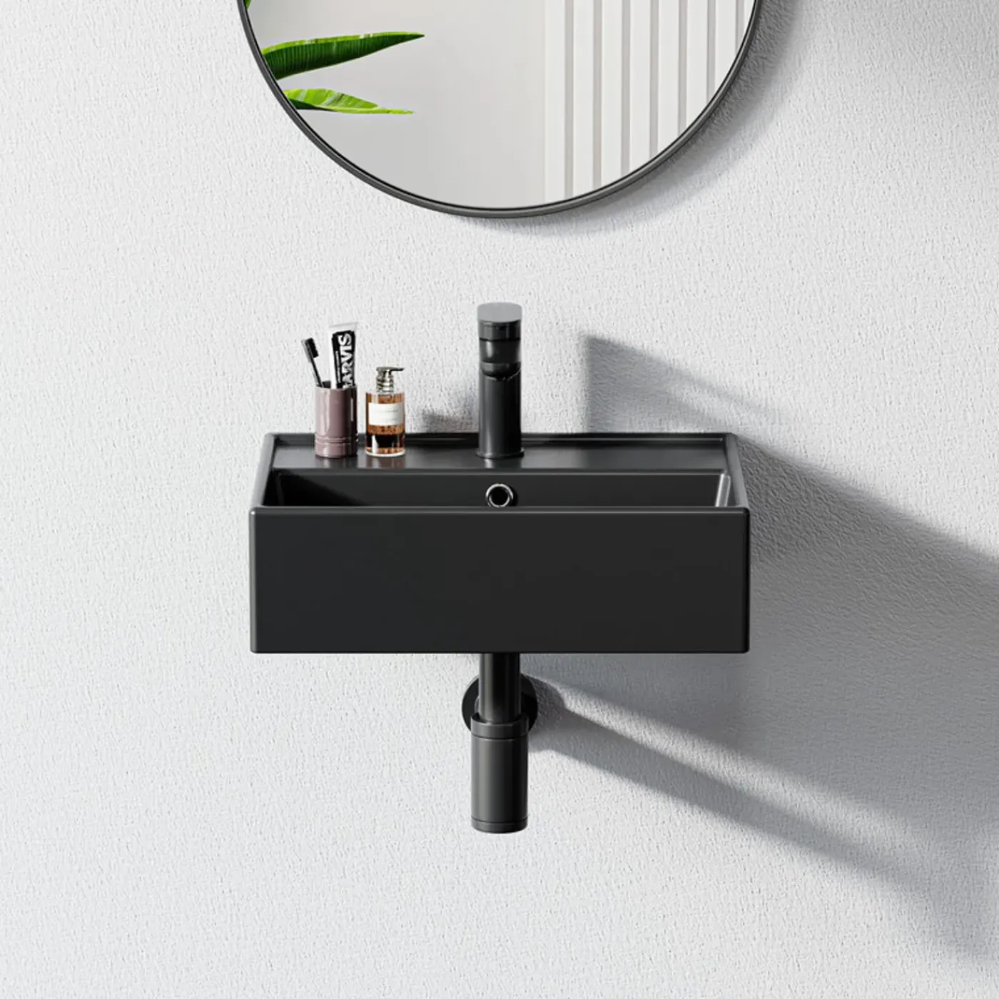HOROW Keramische Wastafel - Wandmontage - Mat Zwart - Kraangat - Overloop - 45x31 Cm