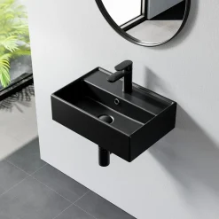 HOROW Keramische Wastafel - Wandmontage - Mat Zwart - Kraangat - Overloop - 45x31 Cm