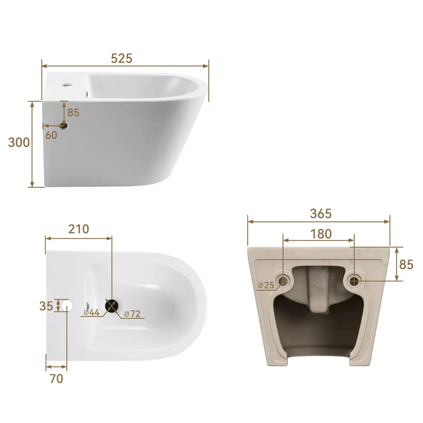 HROW Horow Wandbidet - Keramiek - Wit - Ruimtebesparend - 52,5 X 36,5 Cm