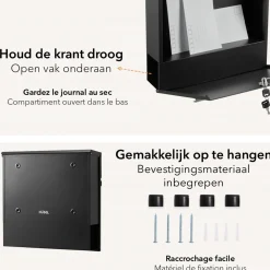 HÜSQ brievenbus - zwarte wandbrievenbus met krantenhouder
