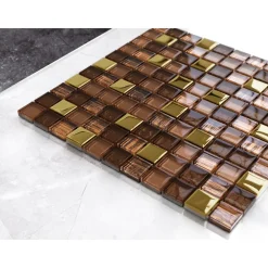 Ilcom mozaïekplaat Azteca Gold op gaas 30 x 30 cm - gehard glas voor badkamer of keuken