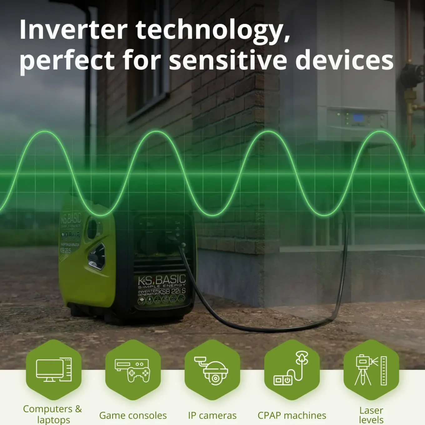 Inverter Generator 2000W Könner & Söhnen, 15.6kg, Superstil 62dB, 4-takt, Camping & Thuis, Ecomode