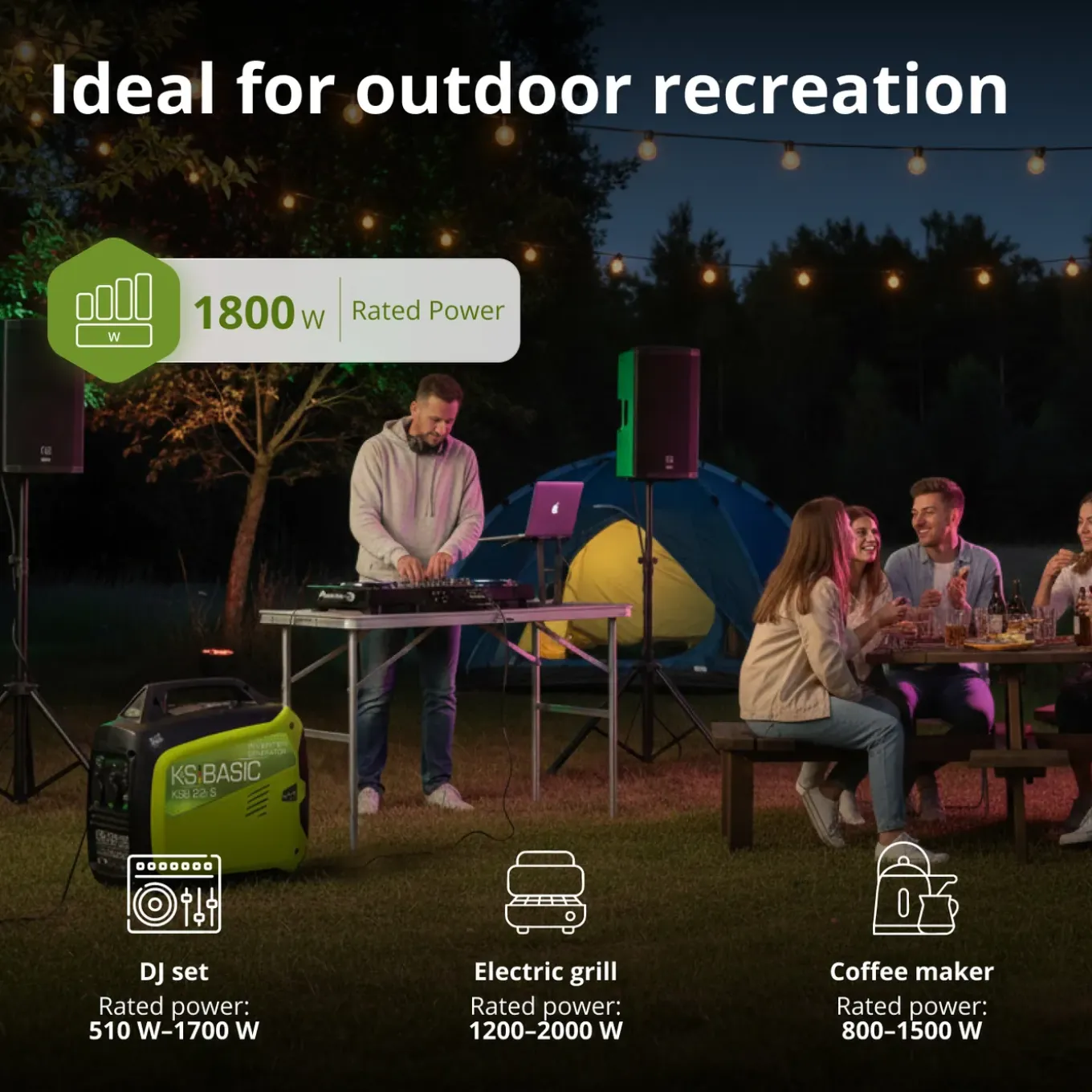 Inverter Generator 2000W Könner & Söhnen, 15.6kg, Superstil 62dB, 4-takt, Camping & Thuis, Ecomode