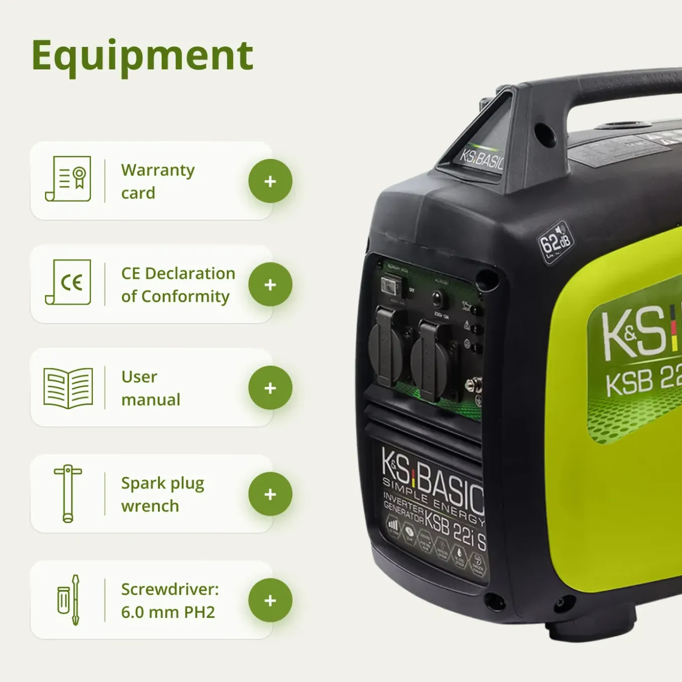 Inverter Generator 2000W Könner & Söhnen, 15.6kg, Superstil 62dB, 4-takt, Camping & Thuis, Ecomode