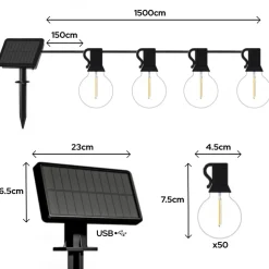 Iplux® Iplux Solar Lichtsnoer Venice 15m - Hoge Kwaliteit Solar Lichtslinger - Brandduur 15 Uur