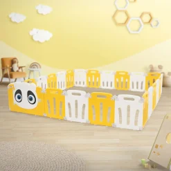 Joyz Box Baby 240x240 Cm Wit Geel Panda Design Kunststof Opvouwbaar Met Deur En Leerklok