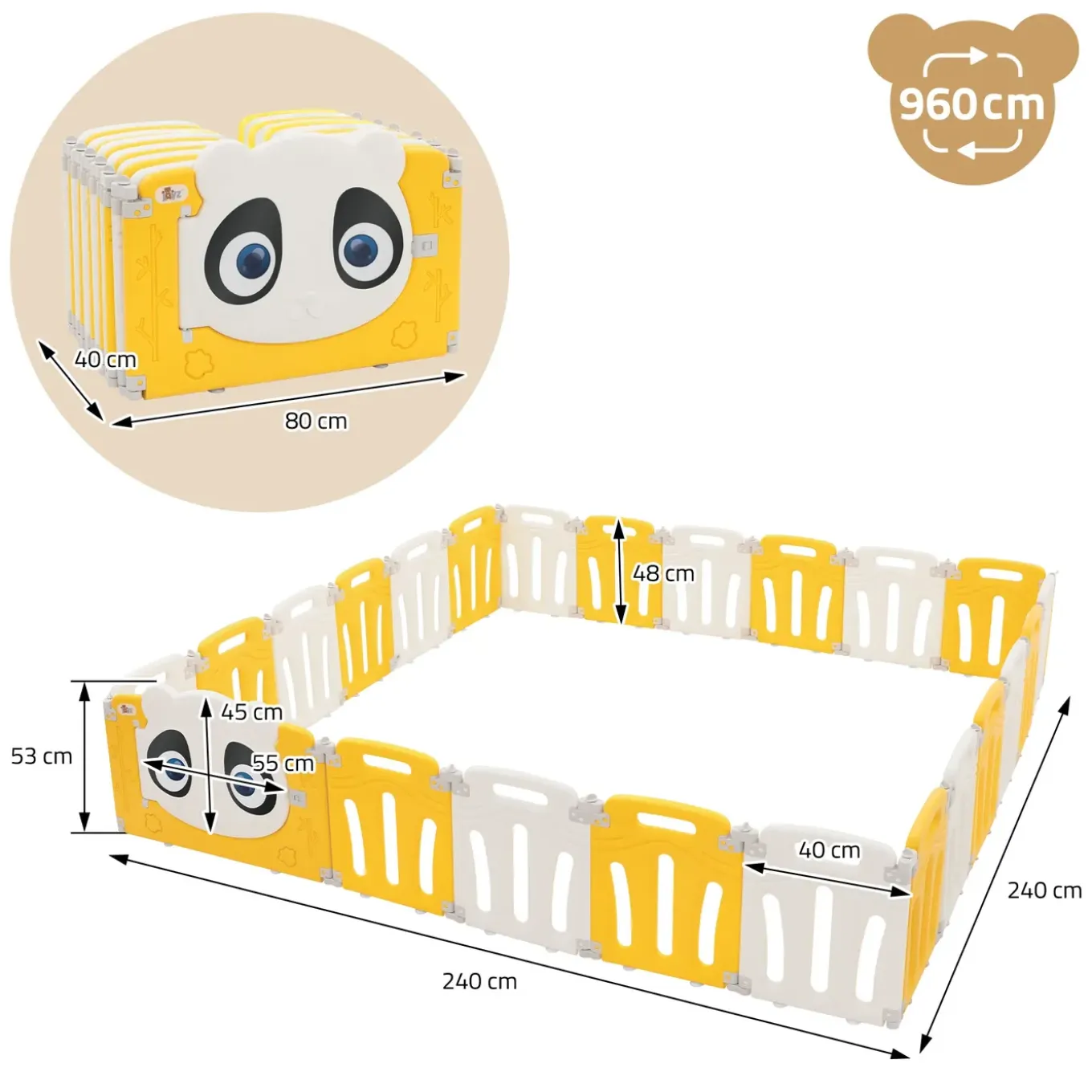 Joyz Box Baby 240x240 Cm Wit Geel Panda Design Kunststof Opvouwbaar Met Deur En Leerklok