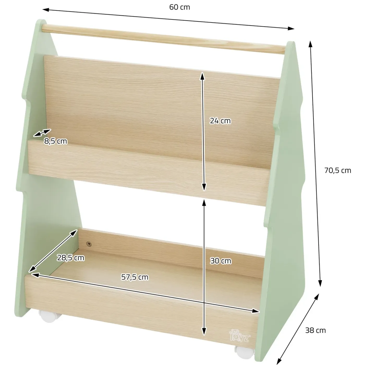 Joyz kinderboekenplank spar design, 60x38x70.5 cm, groen-natuur, kinderplank van hout met
